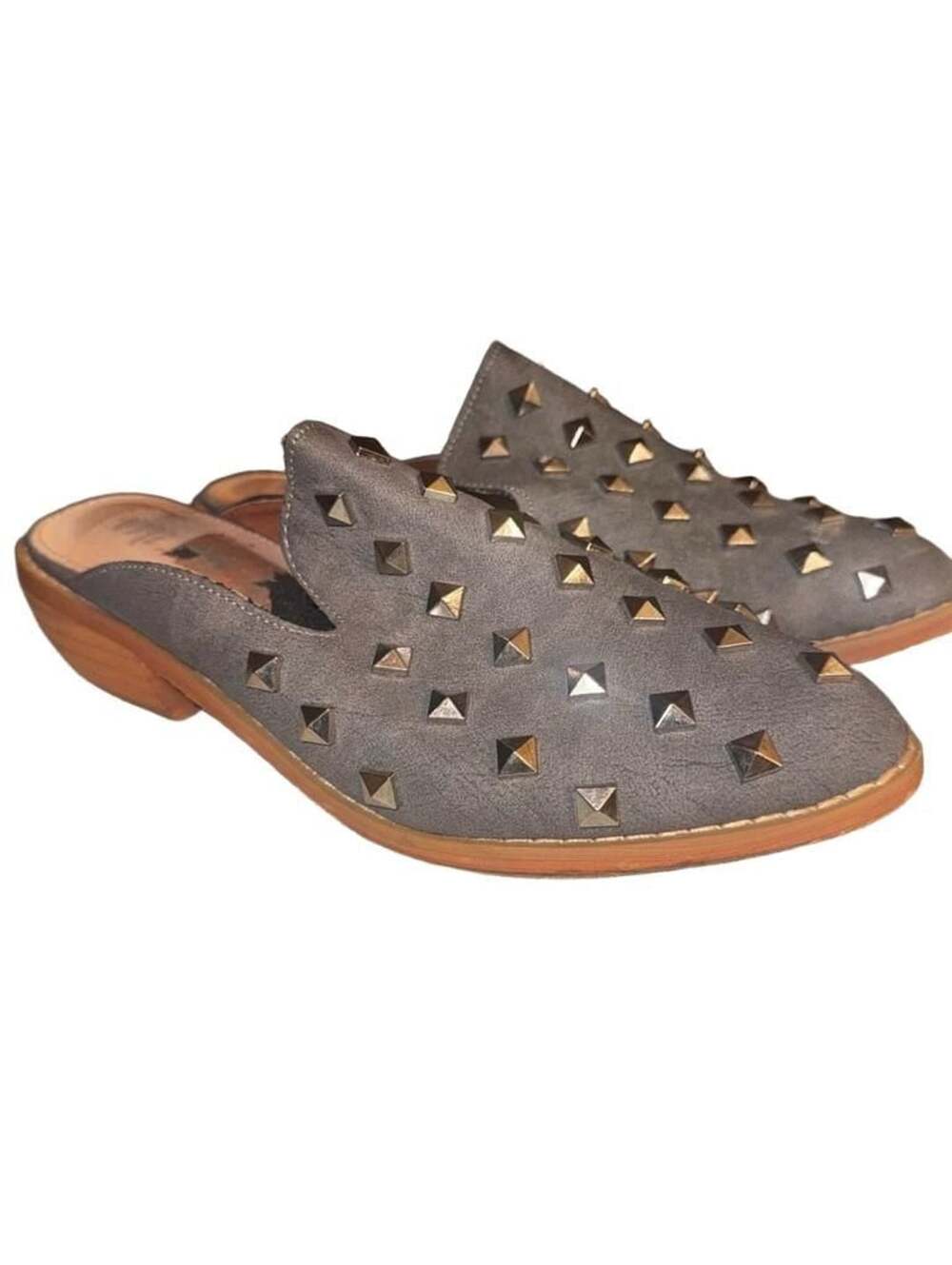 Mi.iM Women's Gray Silver Studded Genuine Leather Slide-On Mule